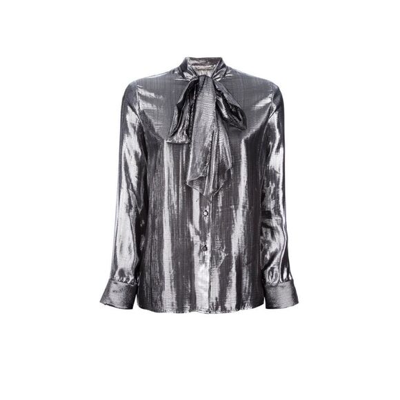 SAINT Laurent YSL Bow Neck Tie Metallic Silk Silver Collared Blouse Top Size 6 - Picture 8 of 14